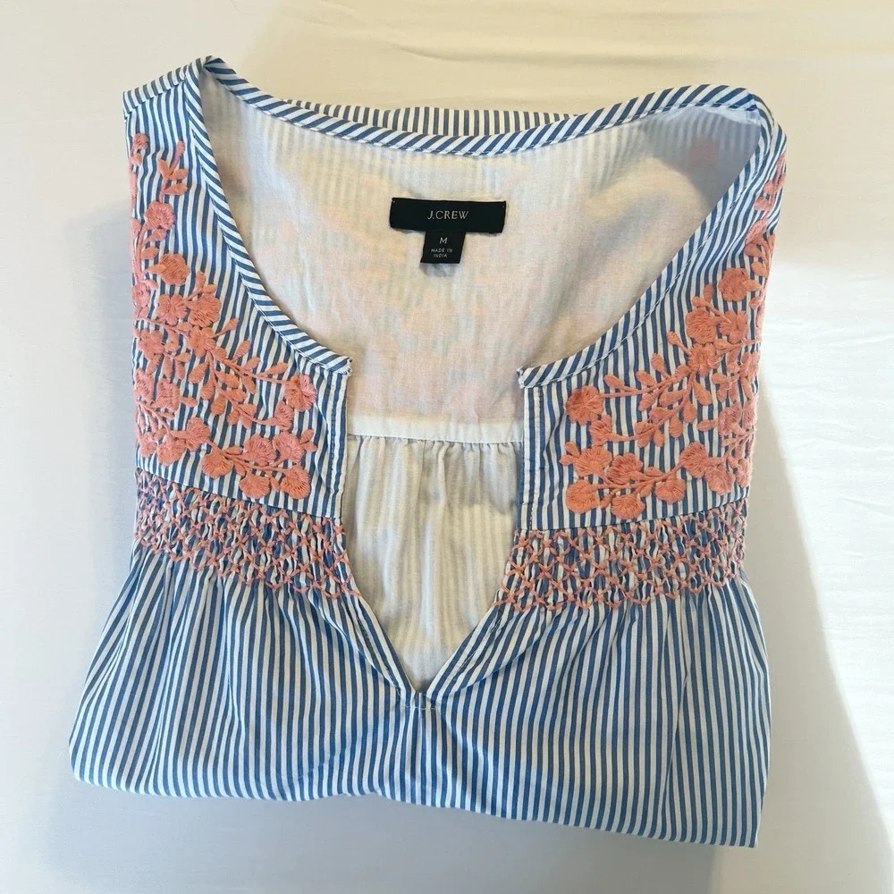 J CREW Preppy Blue Striped‎ Ruffle Dress Pink Embroidered Smocked Yolk Sz Medium